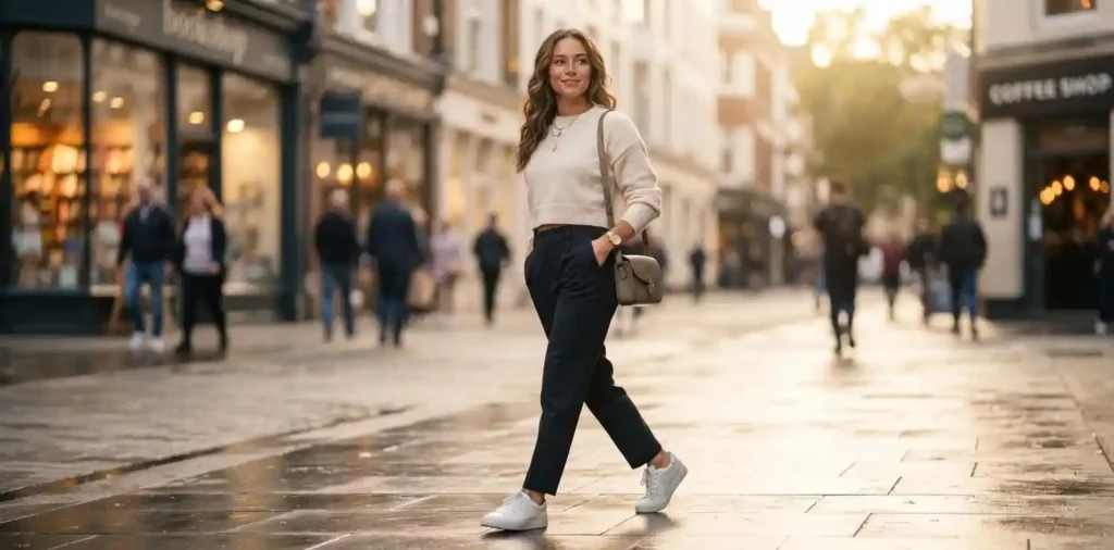 Woman confidently posing in a stylish city street