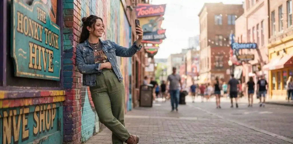 Woman enjoying a candid Nashville street moment