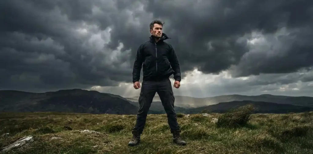 Man standing beneath dramatic storm clouds