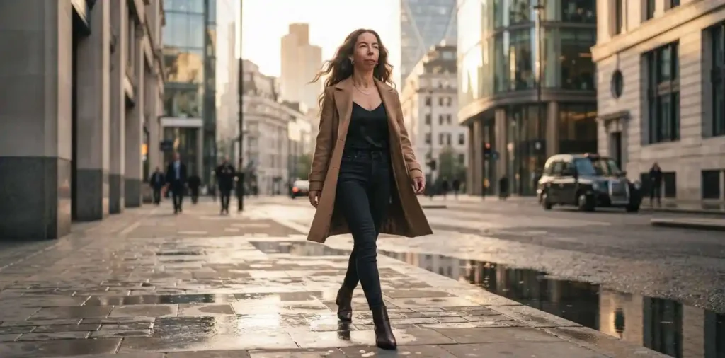 Confident person walking alone through city streets