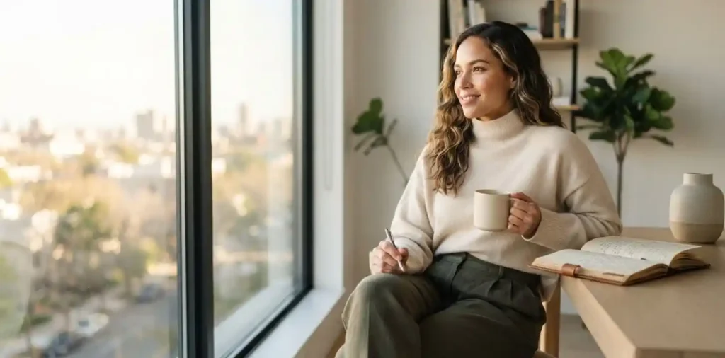 Woman reflecting confidently beside a sunny window