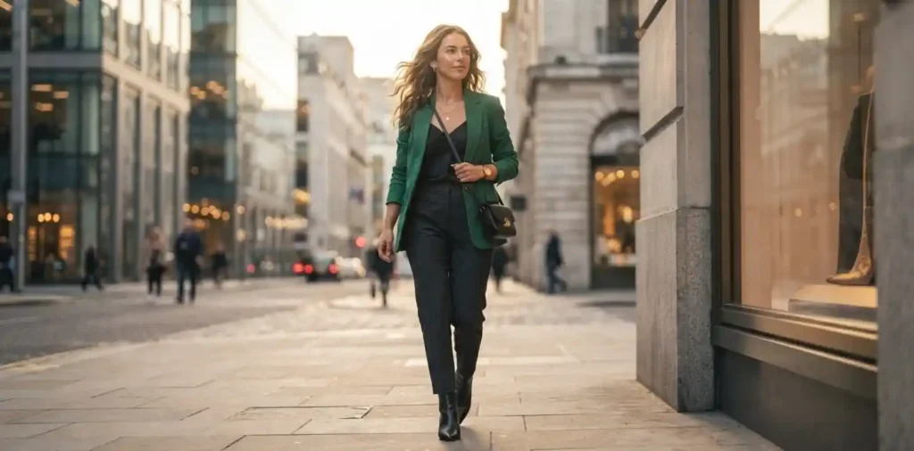Stylish woman walking through an urban street