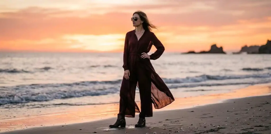 Woman standing confidently beside a sunset beach