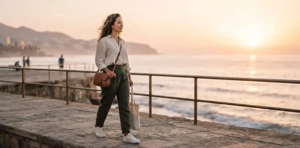 Woman walking confidently into a new day