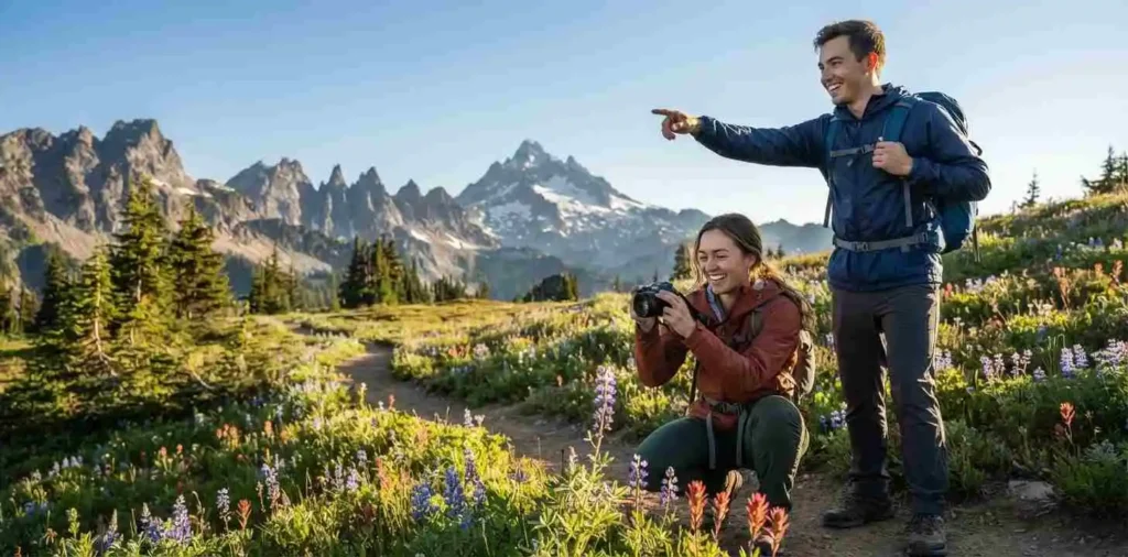 Friends exploring a scenic mountain trail on a weekend