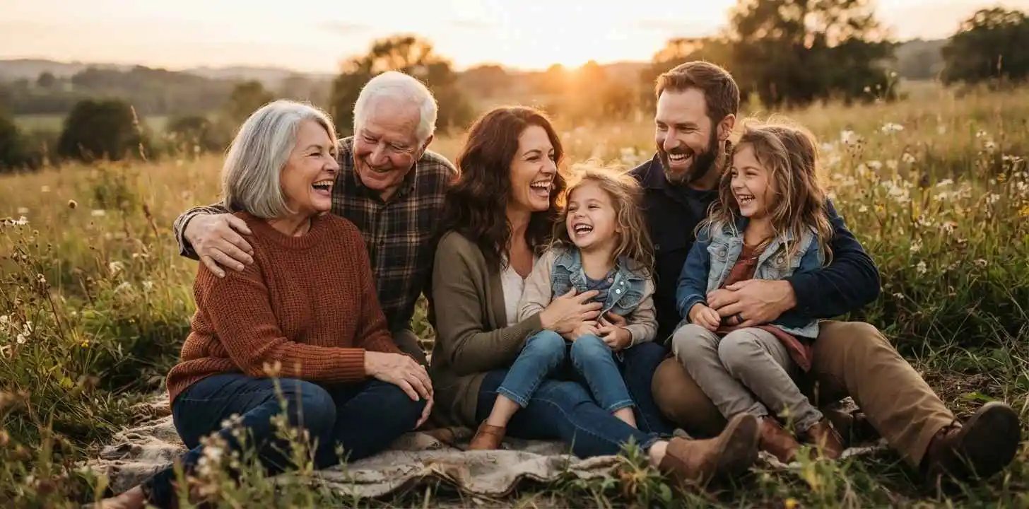 Family laughing together in a sunny meadow