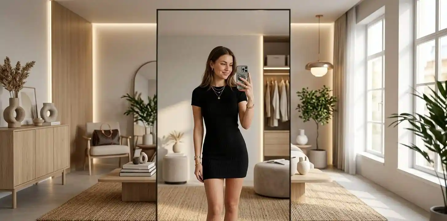 Woman taking stylish mirror selfie indoors